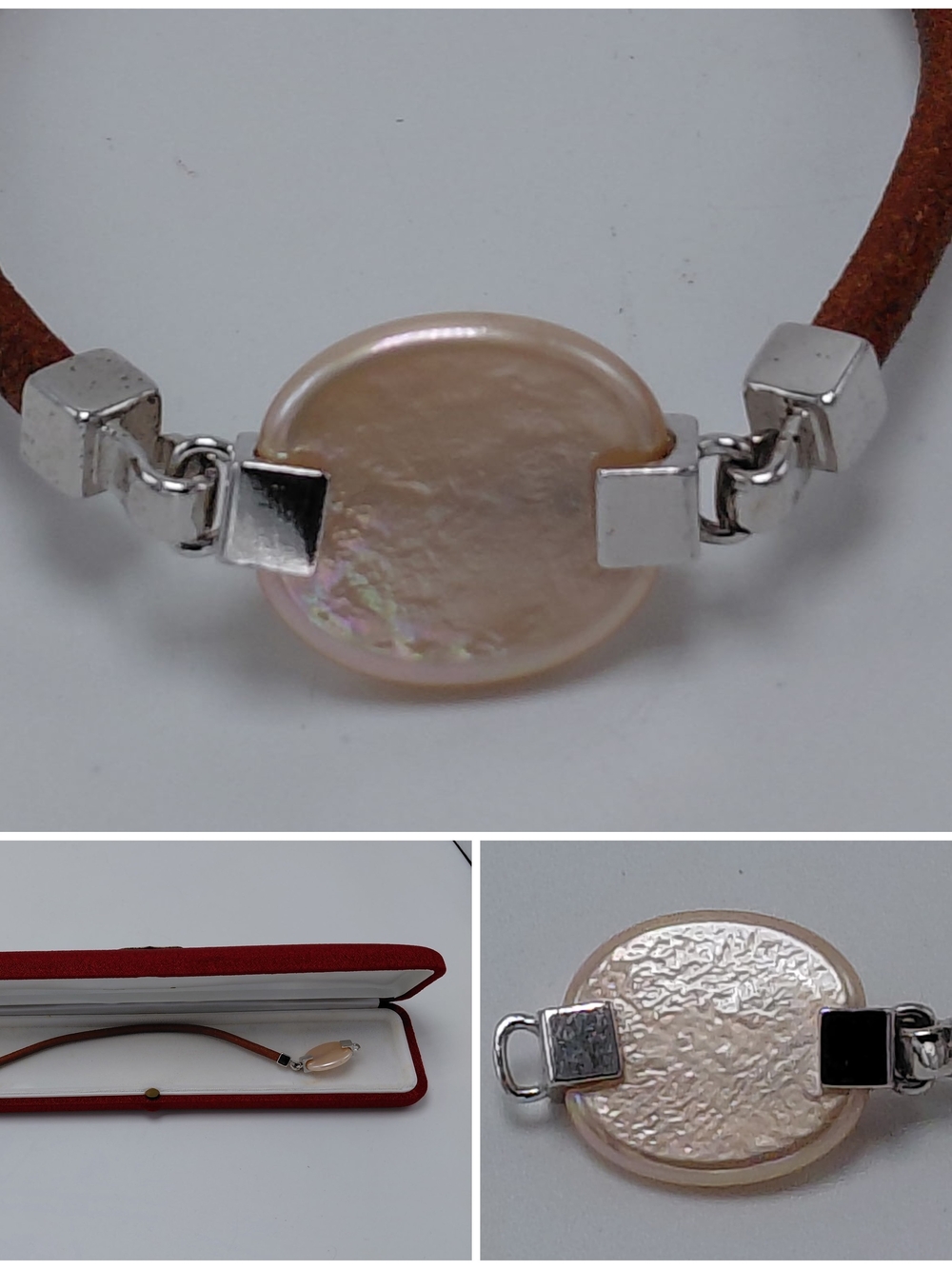 Majorica Natural Pearl Disc Leather Bracelet NIB